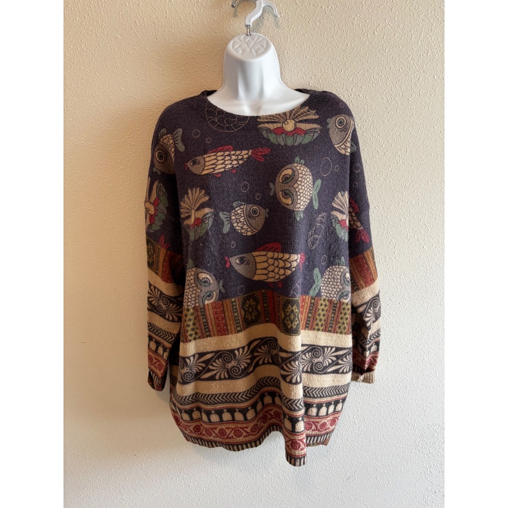 Vintage YESNO Sweater XL Purple Fish Nautical Wool Blend Oversized Art to Wear